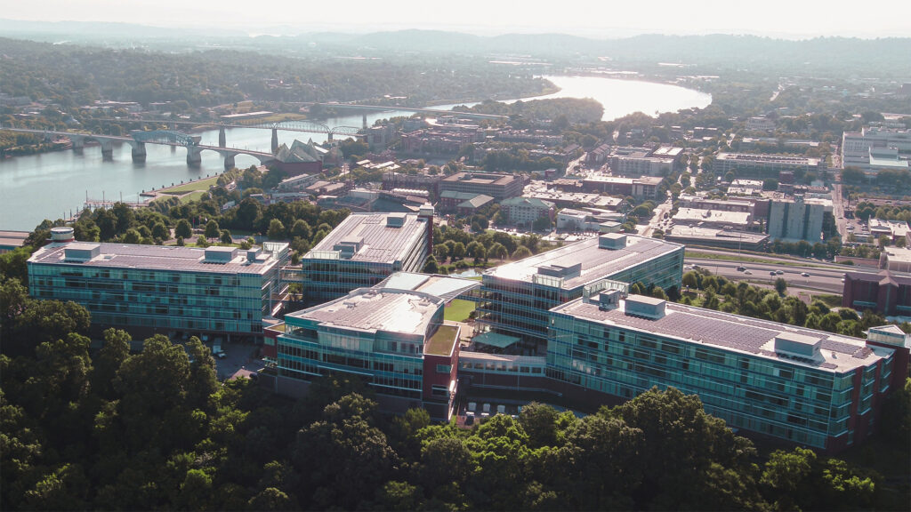 Aerial view of Blue Cross Blue Shield of Tennessee campus in Chattanooga, Tennessee.